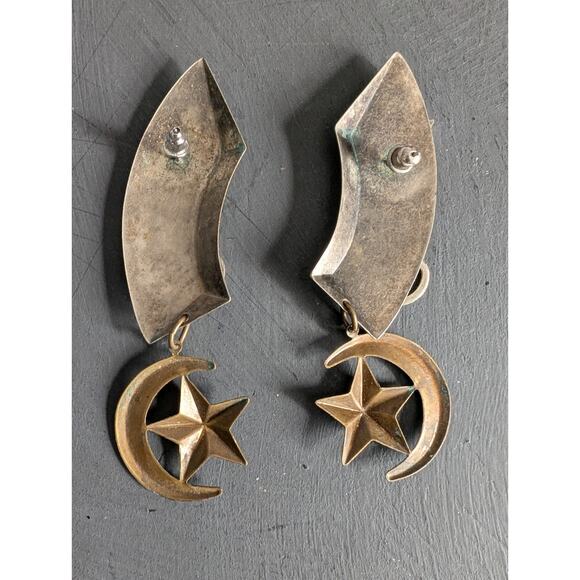 Artisan Cat Statement Silver Tone Star Moon Dangle Earrings 3 1/4" - Picture 4 of 5